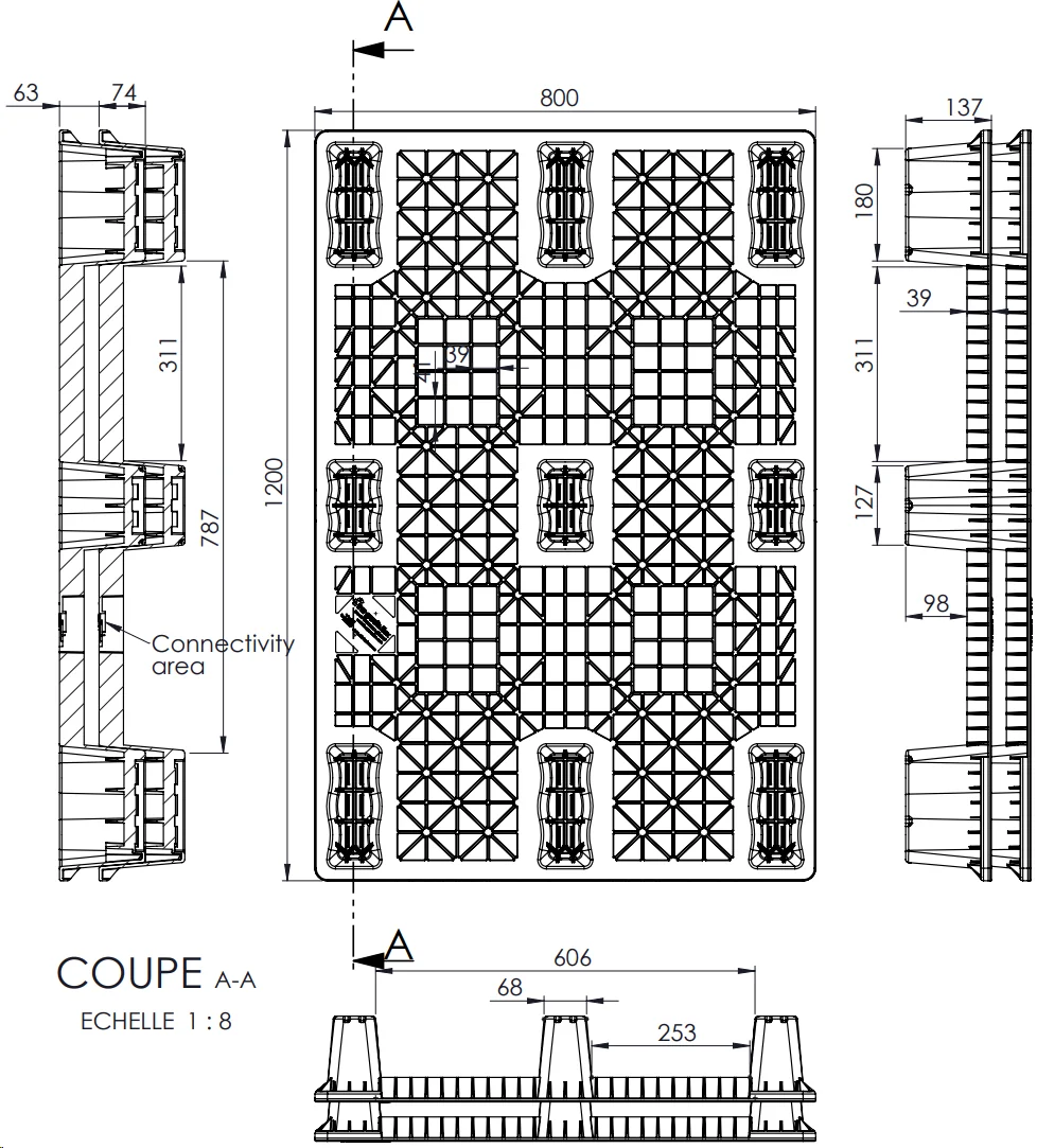Plan technique coté de la palette SmartPal : vues de dessus, de côté et coupe